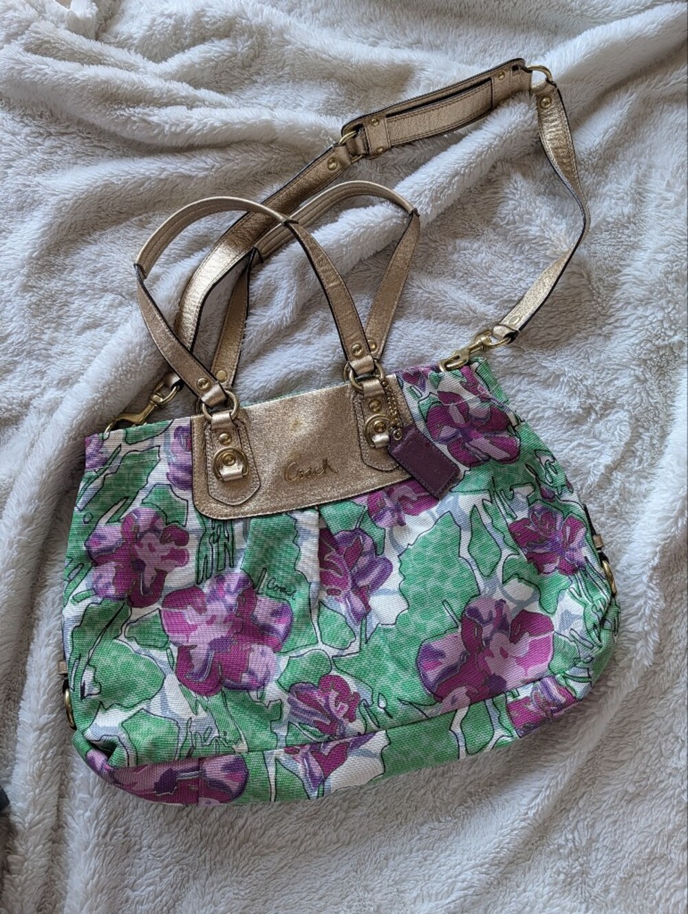 Coach Vintage Ashley Y2K Floral Print Tote Bag in Pink & Green with Gold Trim